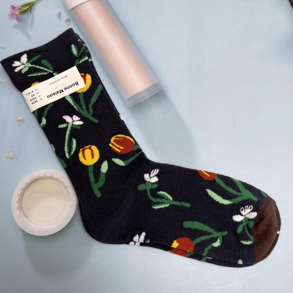 Bonne Maison: Retro-Ölgemälde-Socken für Damen, mittelhoch, luxuriös, französisch, bis zur Wade
