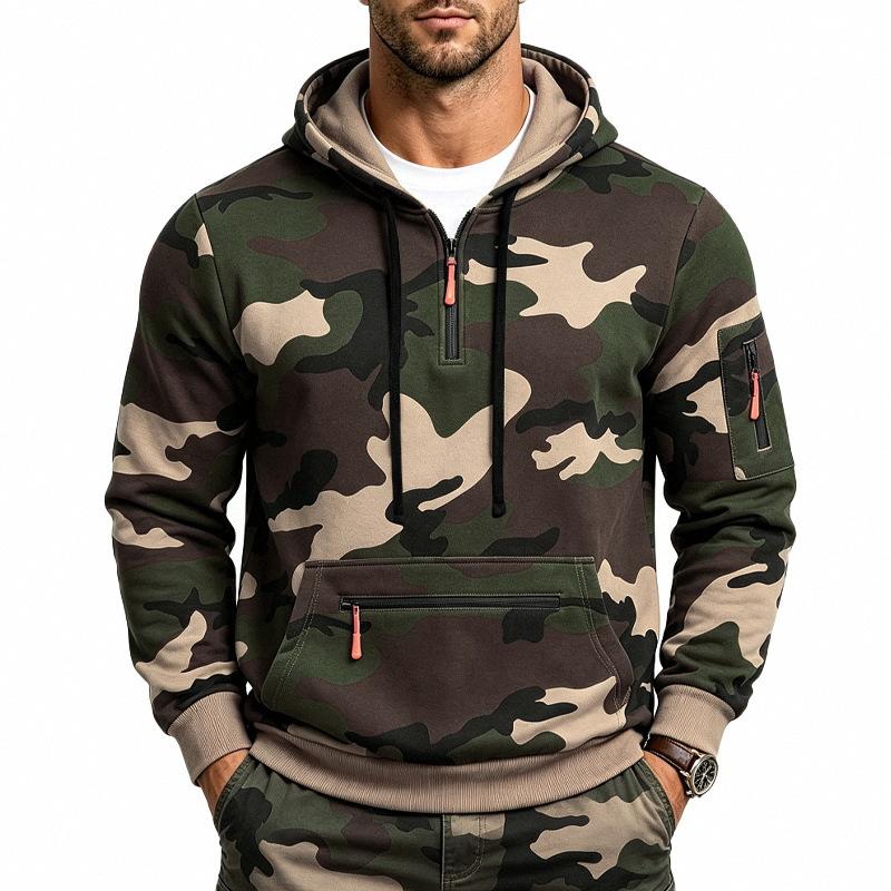 Men S Outdoor Casual Camo Fleece Half Zip Hooded Long Sleeve Sweatshirt