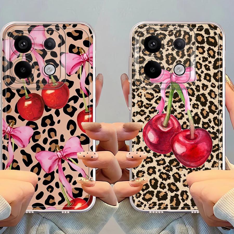 Leopard-patterned Cherry Case for Xiaomi Redmi Note 14 Pro Plus Note 13 13C 9 10 11S 14C 12 A4 12S 10S 11 Soft Phone Cover