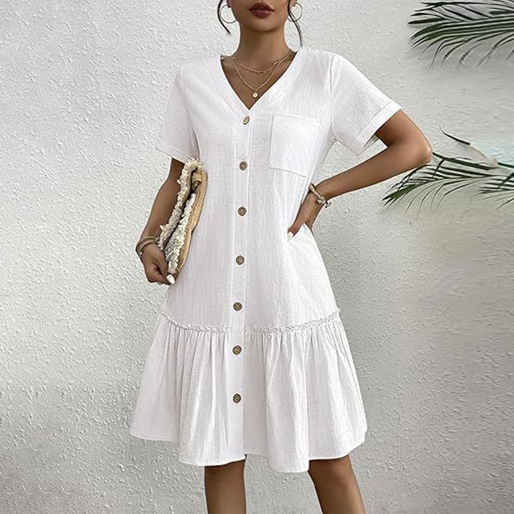Lässiges, kurzärmliges, einfarbiges, locker sitzendes Kleid mit V-Ausschnitt, Knöpfen und gerüschtem Saum für Damen
