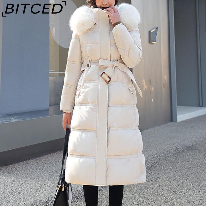 

BITCED Winter Down-Filled Cotton Coat for Women - Long Style, Knee-Length, Oversized Fur Collar, Slim-Fit, Belted Design, Cotton M белый