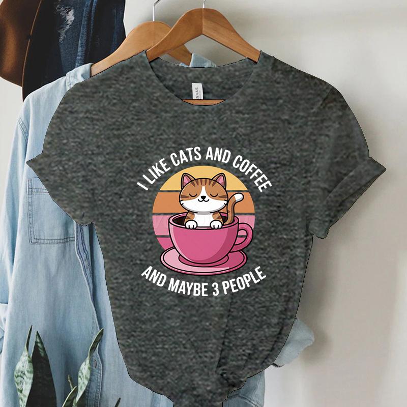 Kawaii Cat Coffee Lover T Shirt I Like Cats and Coffee Classic Top Tees Crew Neck Summer Clothes Coffee Lover Gift Cat Mom Shirt