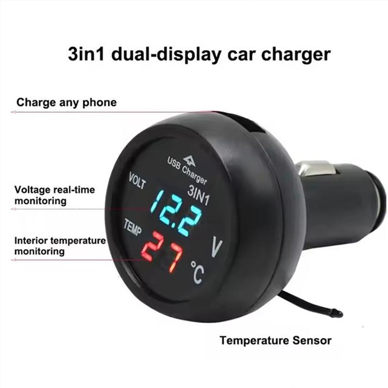 Autoladegerät 3in1 12/24V Voltmeter Thermometer USB-Ladegerät Schalter Auto LED Digitaler Monitor Display Strommesser Spannungsdetektor