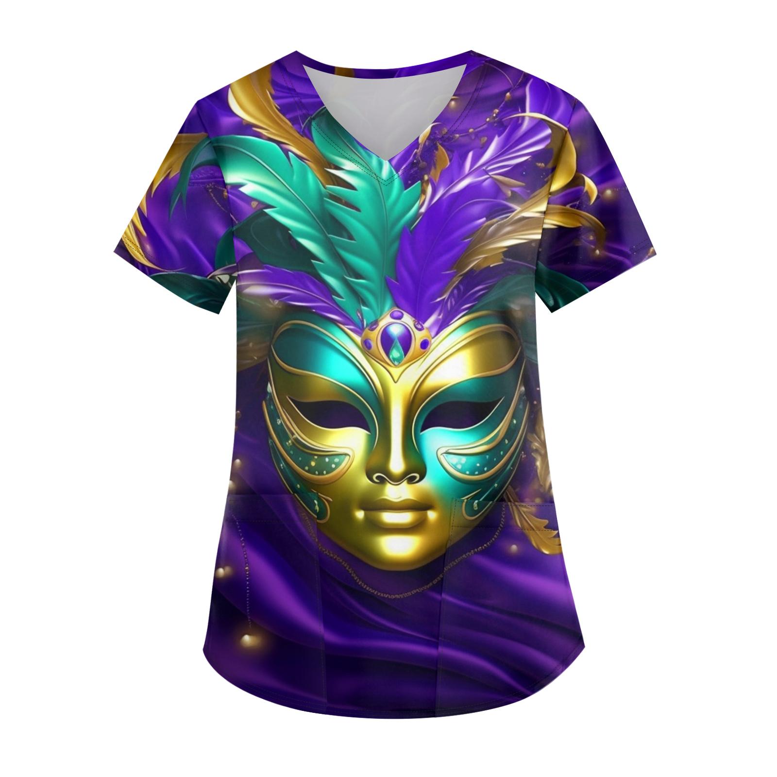 

Ladies Carnival Printed Fashion V-neck Pocket Short Sleeved Nurse s Wear And Worker s Top M фіолетовий