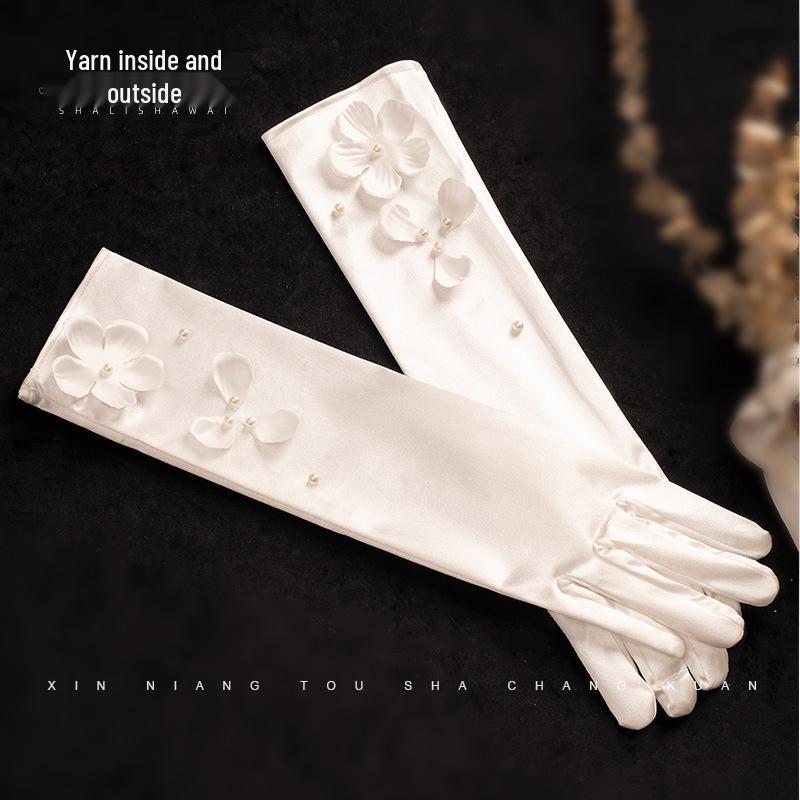 2024 Bridal Long White Satin Gloves with Pearls & Floral Design