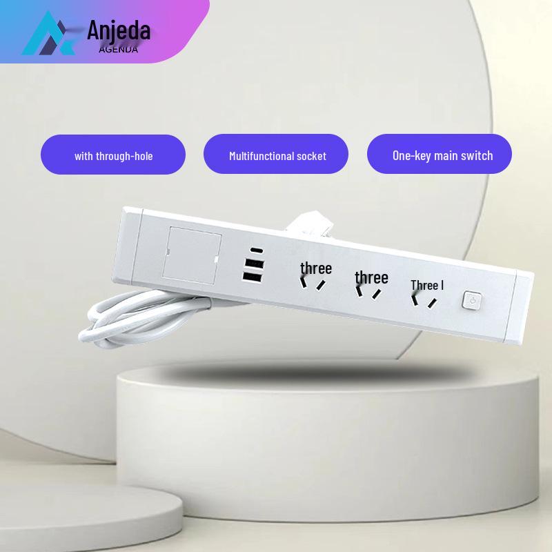 Desktop Recessed Socket with USB and Network Ports, Power Strip, and Switch for Office Desks