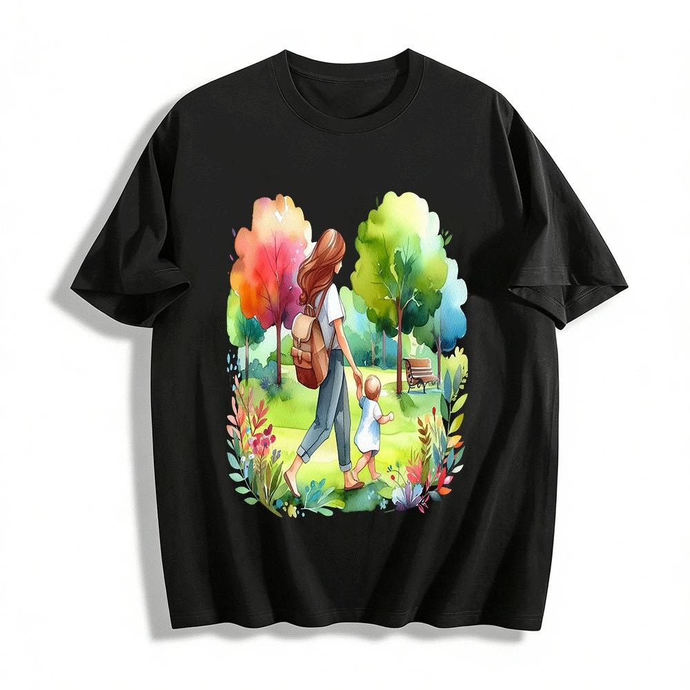 Watercolor Parent-child Park Walk Print Casual Adult T-shirt Pure cotton T-shirt XXS