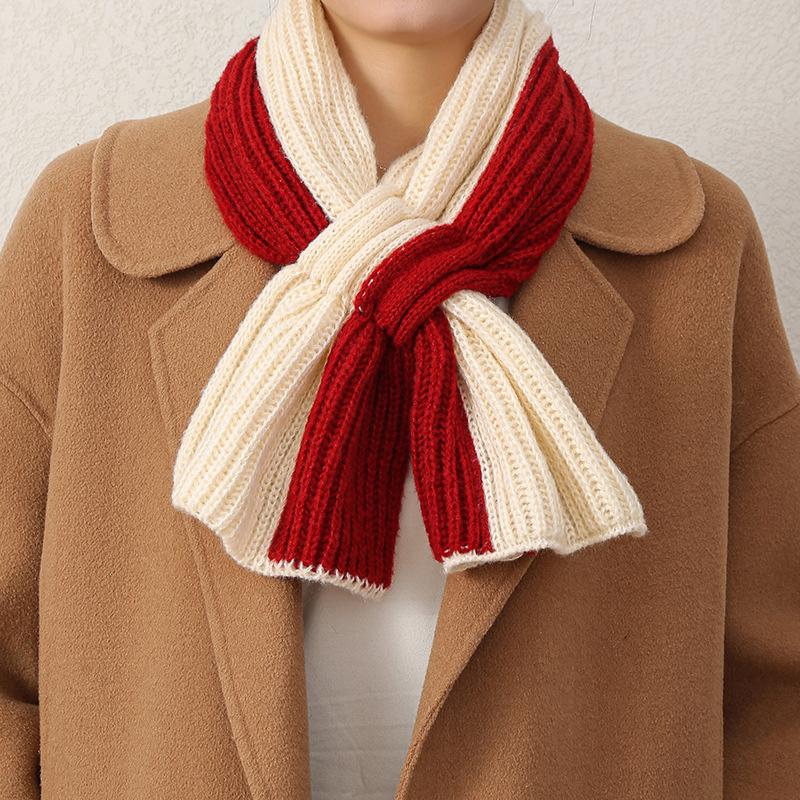 Eșarfă scurtă pentru femei, toamnă/iarnă, tricotată în cruce, ediție coreeană, blocată în culori, versatilă, căldură de iarnă, protecție pentru gâtul leneș