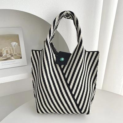 Trendy Striped Knitted Mini Tote Bag for Women Retro Student Canvas Bucket Shoulder Handbag