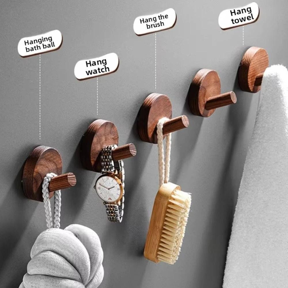 4pcs Beech Walnut Wood Wood Hook Solid Wood Punch Free Wall Hook Wood Handle Simple Design Towel Hook Bathroom Organizer