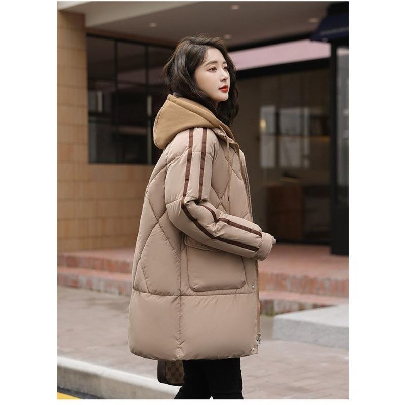 Χαλαρό Ζεστό Χειμωνιάτικο Πουπουλένιο Βαμβακερό Παλτό Γυναικείο Μακρύ Μπουφάν με Γέμιση Ψεύτικο Δύο Κομματιών Χοντρό Χειμωνιάτικο Παλτό