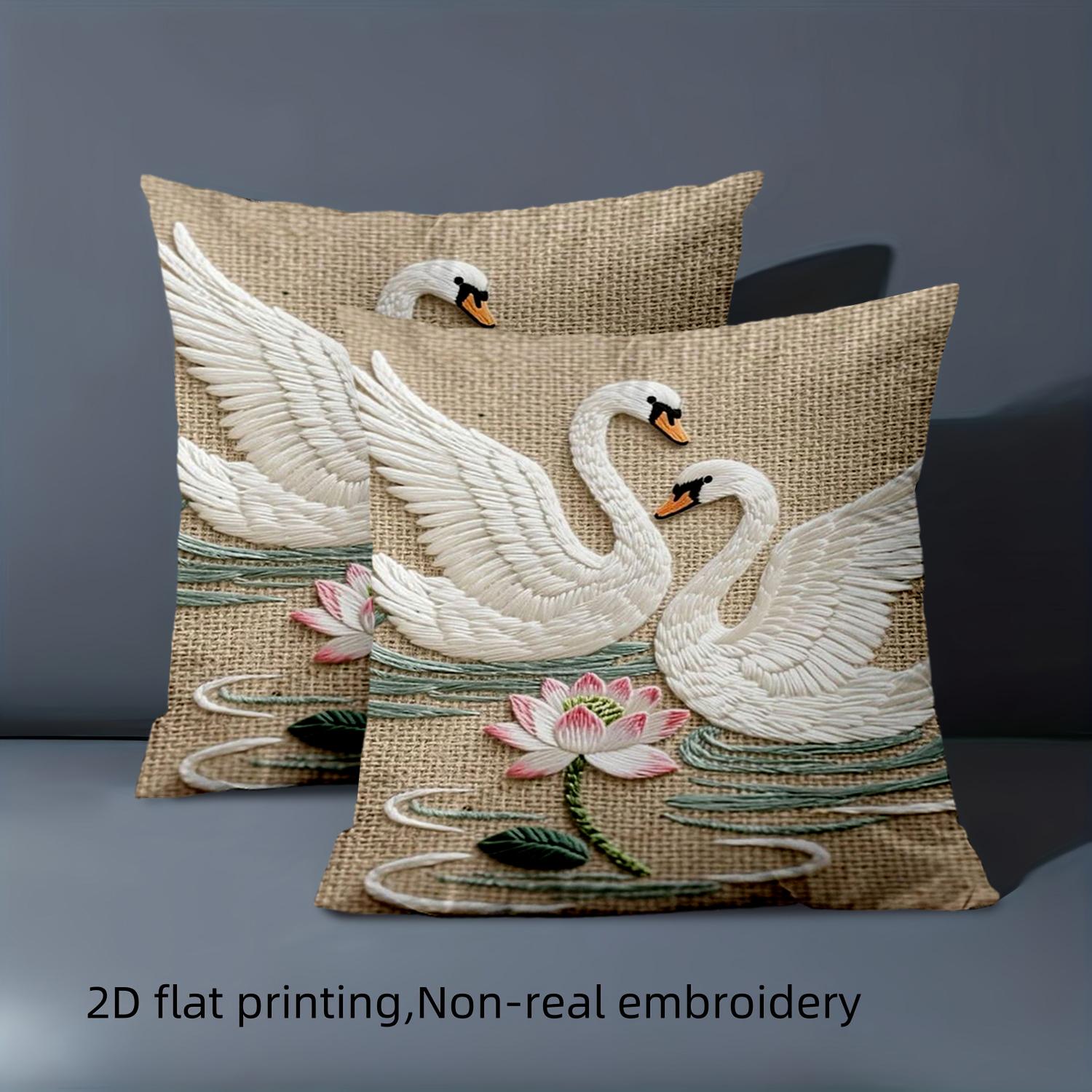 Jmg Clothing Unisex 1 Pillowcase 2D Flat Printing Embroidered Swan Pattern Burlap Style Cushion Polyester Pillowcase Sofa Decorative Cushion Cover