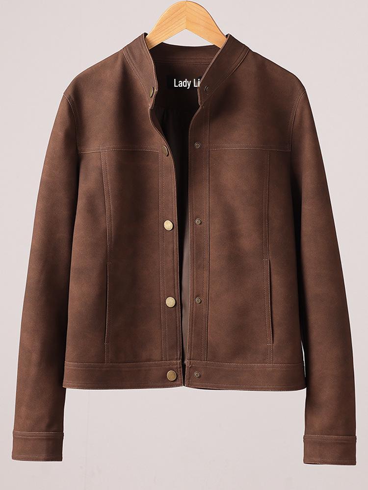 Women's Retro Suede Stand Collar Motorcycle Leather Jacket - Slim Fit, Genuine Leather, 2025 Edition