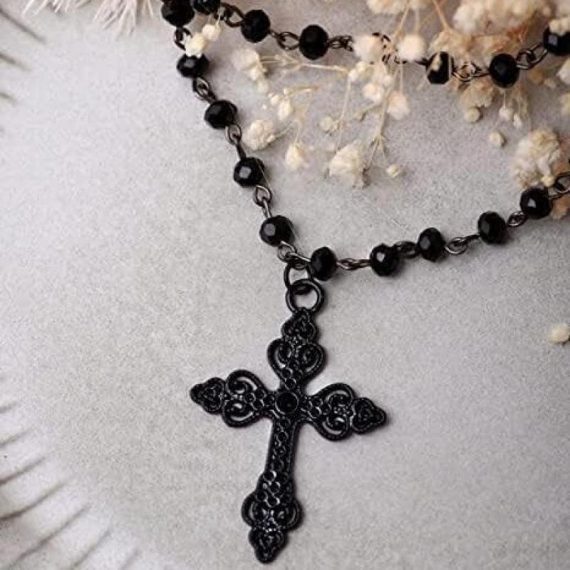 Gothic Layered Black Cross Necklace – Fashionable Vampire Beaded Design