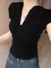 Women's French Retro Black Off-Shoulder Short-Sleeve V-Neck Slimming Bodycon Summer Tee