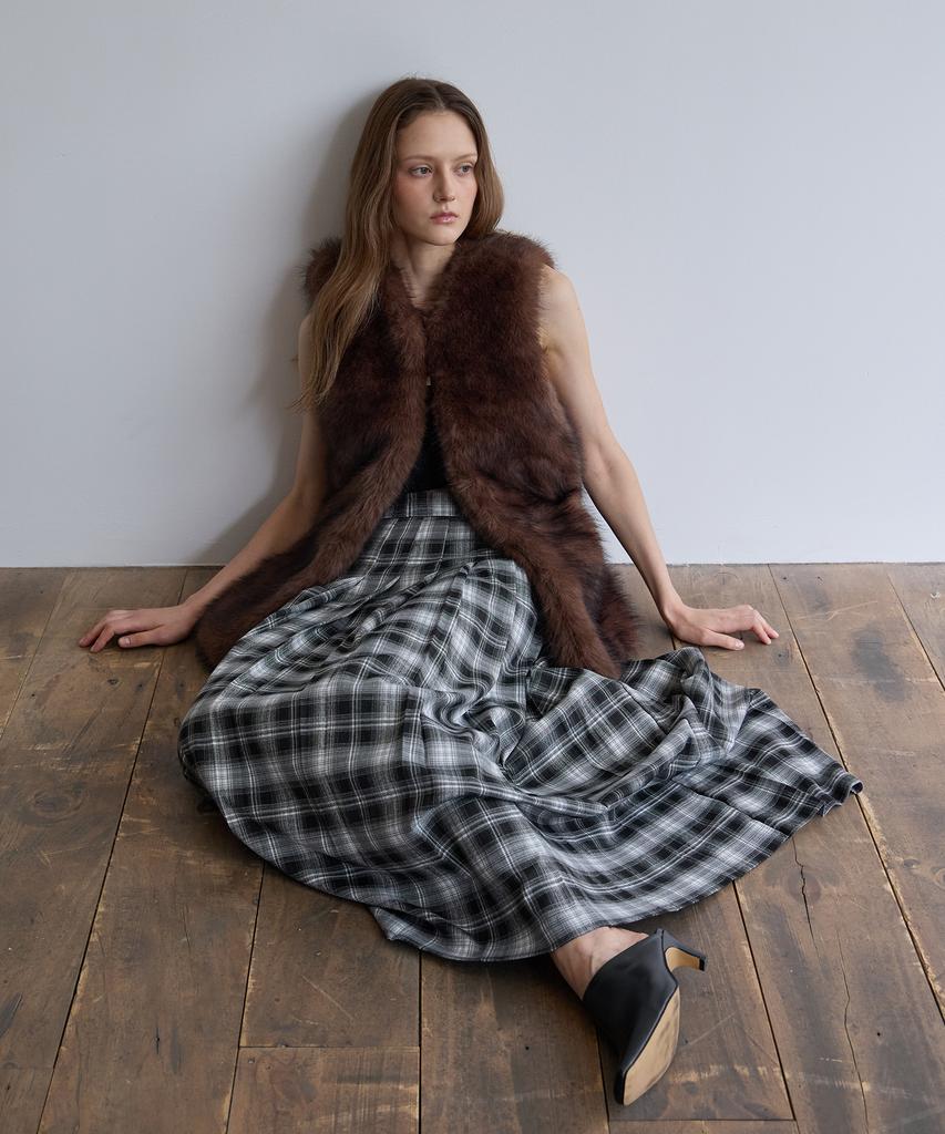 Ceme Check Pleats Long Skirt(Bk)