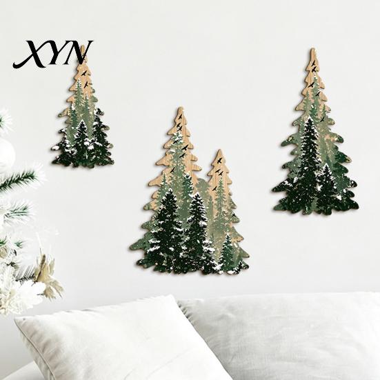 Solid Wood Hanging Tree Set 3Pcs Wooden Christmas Wall Decor, Winter Snowy Pine Rustic Decor Sign, Forest Mounted Ornaments for Xmas Holiday