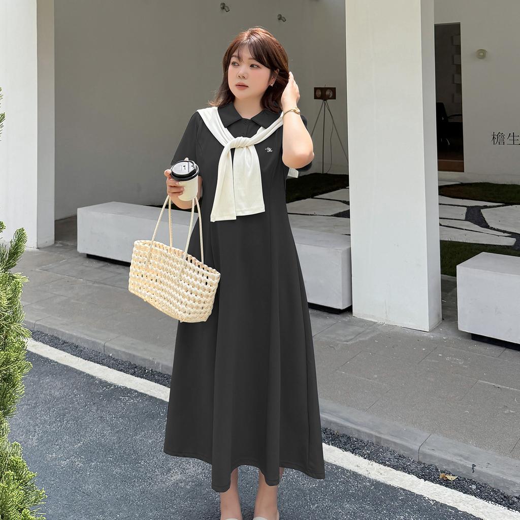 Large Size Women's College Style Shawl Polo Collar Dress 2026 Summer Waist and Thin Dress 214366
