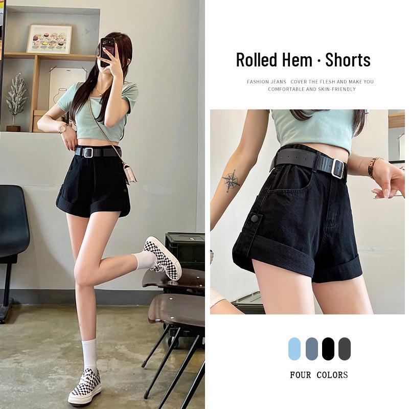 Summer 2024 Women's High-Waisted Retro Wide-Leg Denim Shorts with Rolled Hem