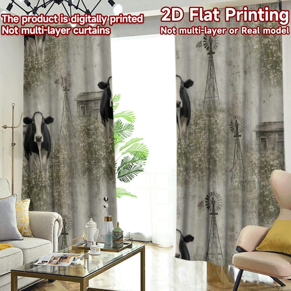 2D FLAT PRINTING 2pcs Curtains (Without Rod) Cows and Windmills Fields Popular Light Filtering Curtains Semi-Sheer Curtains