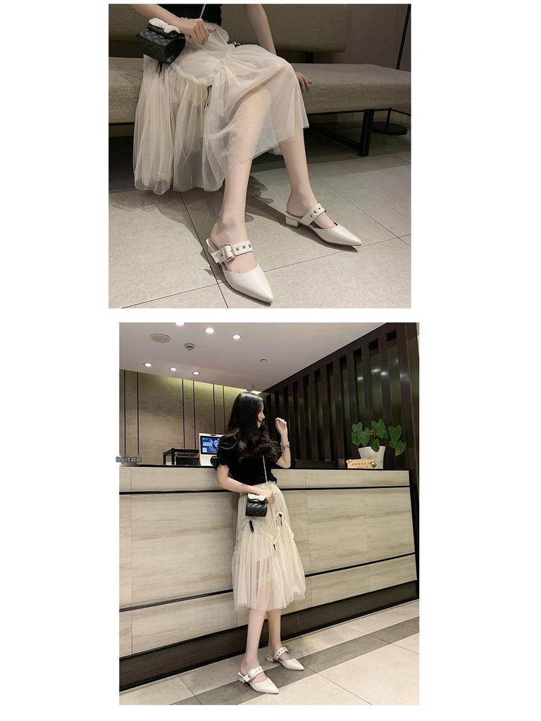 Women's 2025 Summer Korean Style Pointed Toe Closed Slippers with Belt Buckle & Chunky Heel
