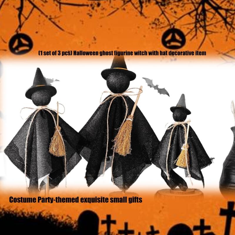 3 Piece Cotton Fabric Witch Specter Decorations For Halloween Home Party Display Wooden Base Accessories Set