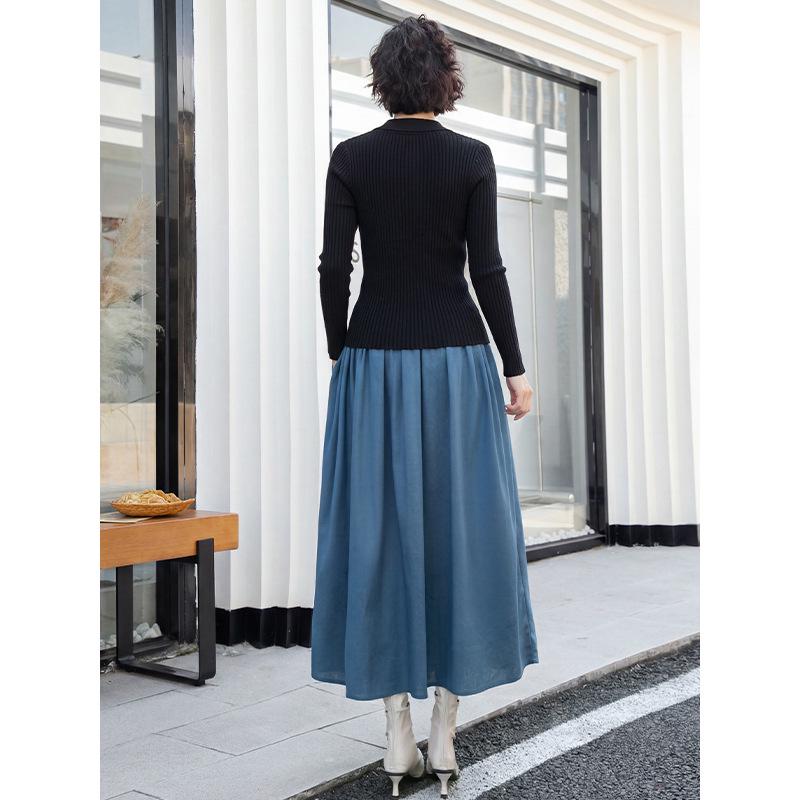 2026 Spring Fashion Slimming Knit Top & Blue A-Line Skirt Set