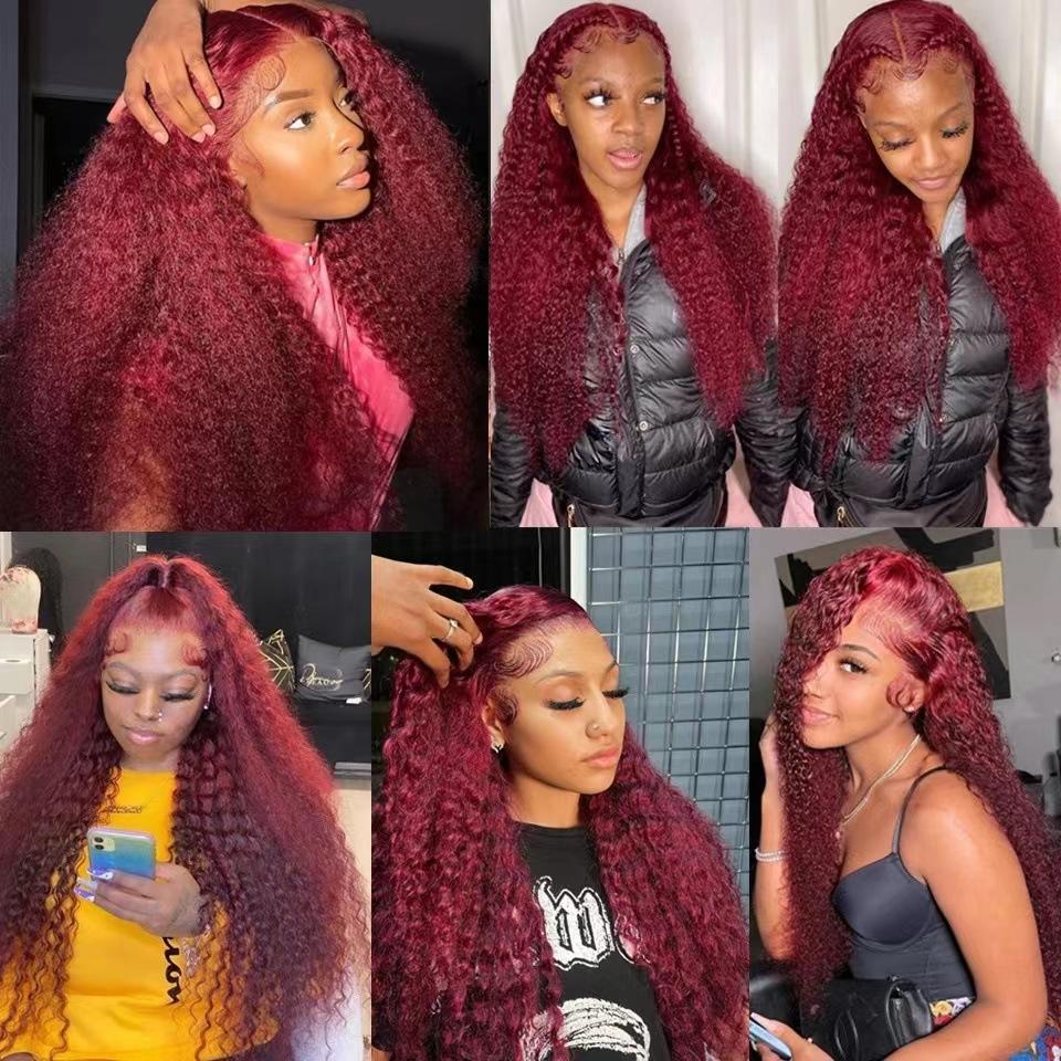 Front lace lace wig, European and American ladies small curly lace long curly hair burgundy wig small lace wig headgear