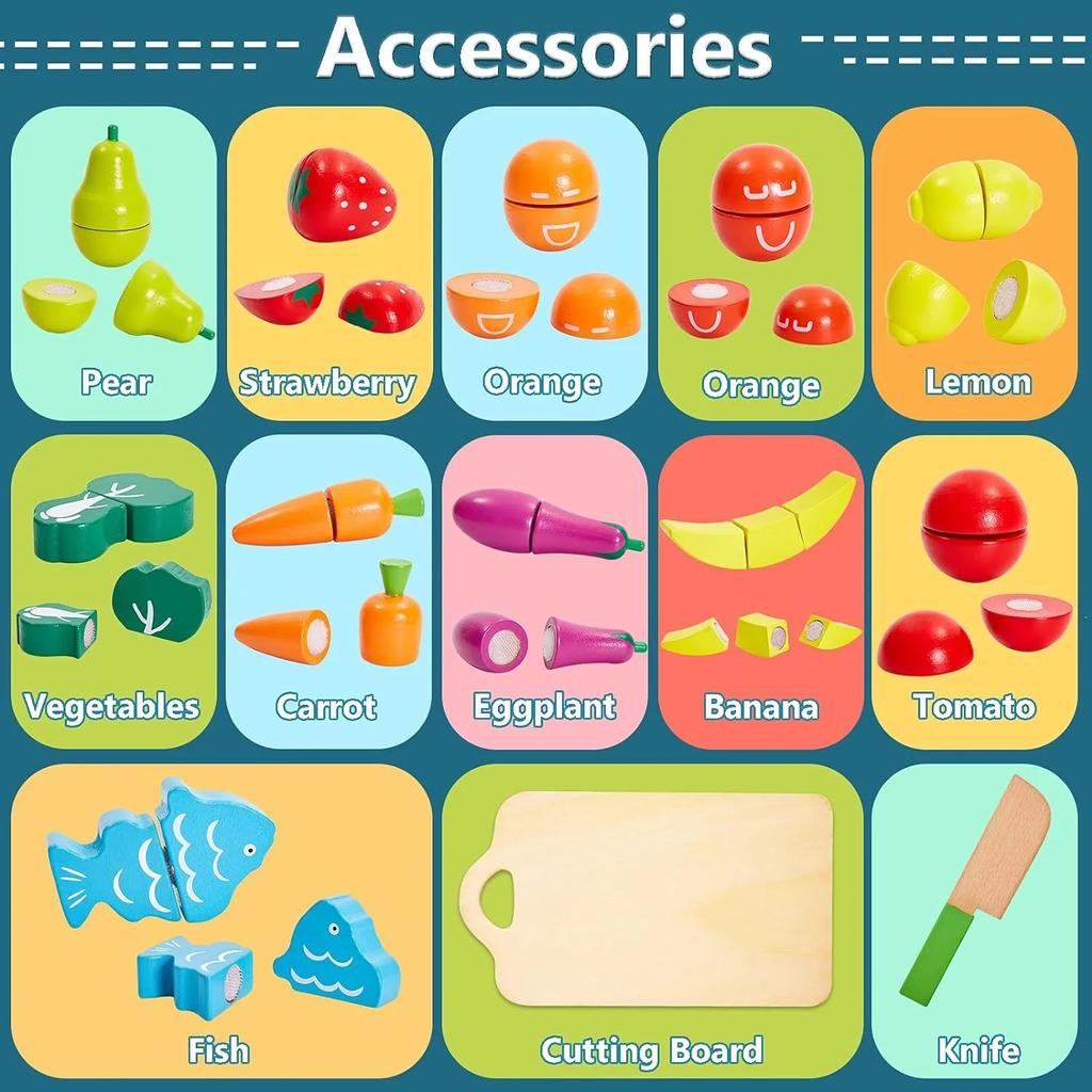 Wooden Play Food for Kids Kitchen Cutting Fruits Toys for Toddlers Pretend Vegetables Gift for Boys Girls Educational Toys