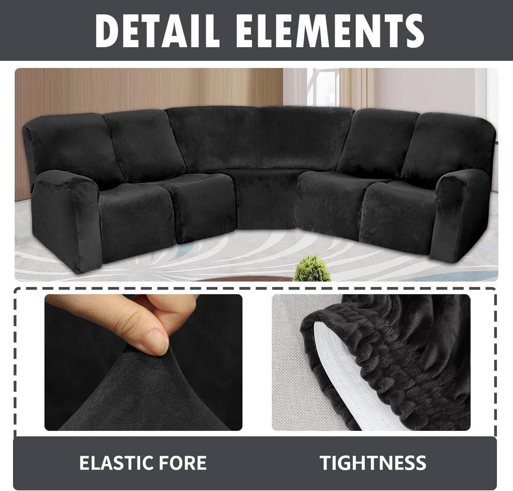 5-Sitzer Relaxsesselbezug, 7-teiliger Samt-Relaxtsessel-Ecksofabezug, Stretch L-Form Liege-Sektionssofabezüge