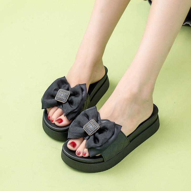Stylish Thick Soled Bowknot Summer Slippers For Women Fashionable Casual Wear