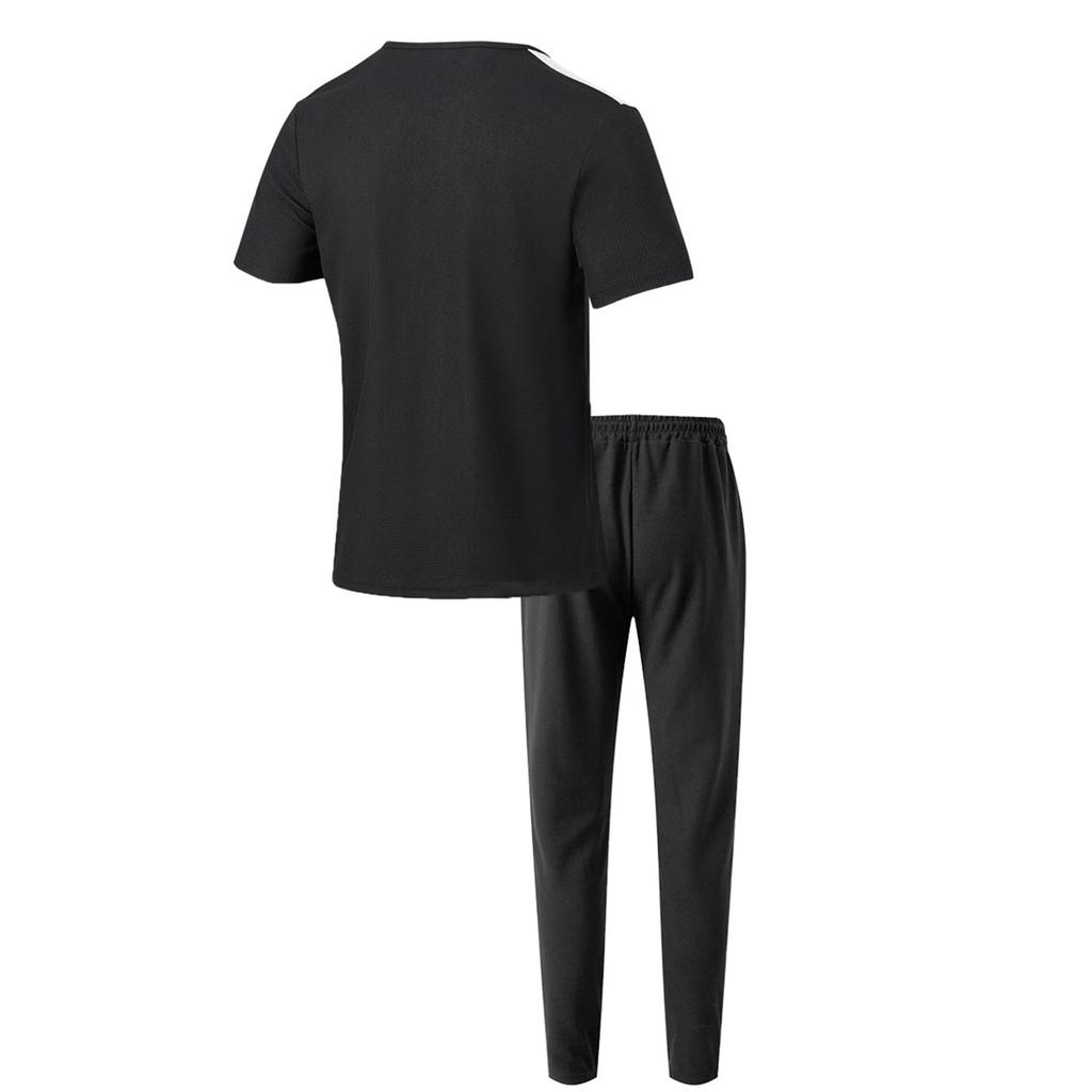 Men's Solid Color Round Neck Drawstring Casual Sports Short Sleeved Trousers Two Piece Suit