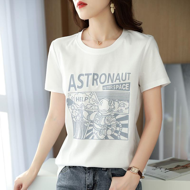 

Женская летняя футболка с круглым вырезом и графическим принтом - мерсеризованный хлопок, короткий рукав, облегающий крой, белый цвет M белый