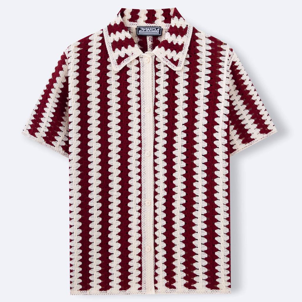Męska koszula dzianinowa z krótkim rękawem Codzienna koszula zapinana na guziki Vintage dzianinowa koszula polo na golfa plażowa Koszulki Top szydełkowany ażurowy Top na letnie wakacje dla mężczyzn