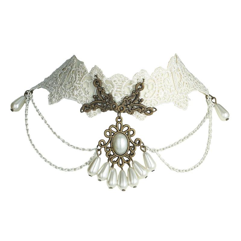Stylish Multi-layer White Lace Necklace Collar for Women, Trendy Collarbone Chain Necklace, Pearl Pendant.