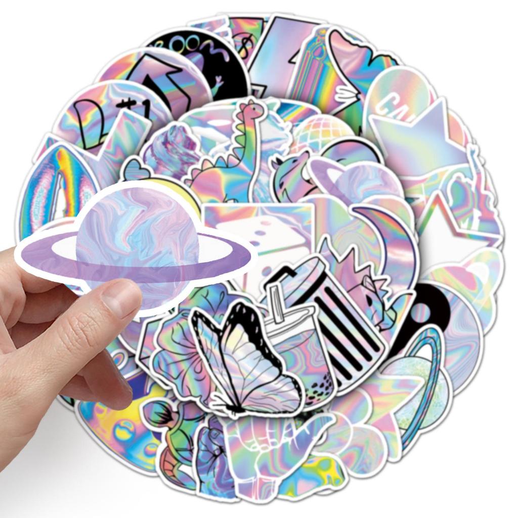 50 PCS Holographic Graffiti Stickers - Creative DIY Laser Decals for Skateboard Cup Luggage Phone Tablet Laptop