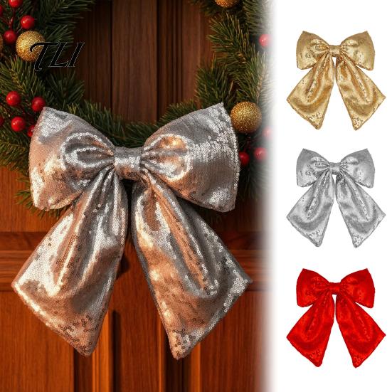 Durable Polyester Bows for Seasonal Decor Christmas Large Bow Pendant with Sequin, Multi-Layered Glitter Decorative Hanging Holiday Parties Ornament,