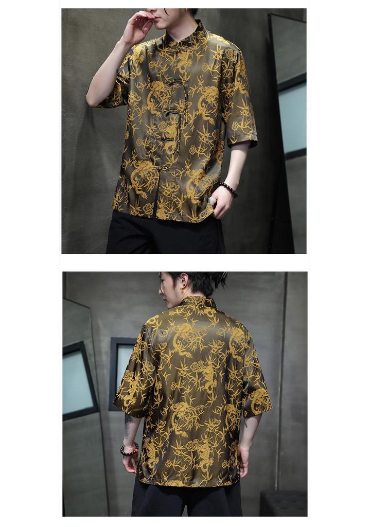 2024 Men's Chinese Style Jacquard Frog Button Tang Suit Shirt, Plus Size, Summer Casual