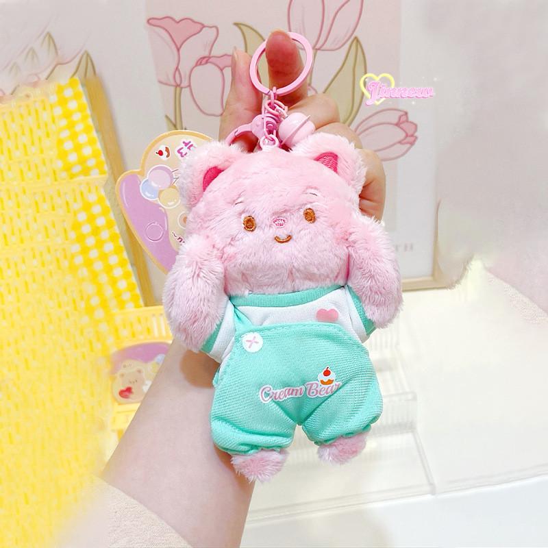 And Soft Fuzzy Cream Bear Plush Keyring With Cute Outfit Ideal For Key Decoration