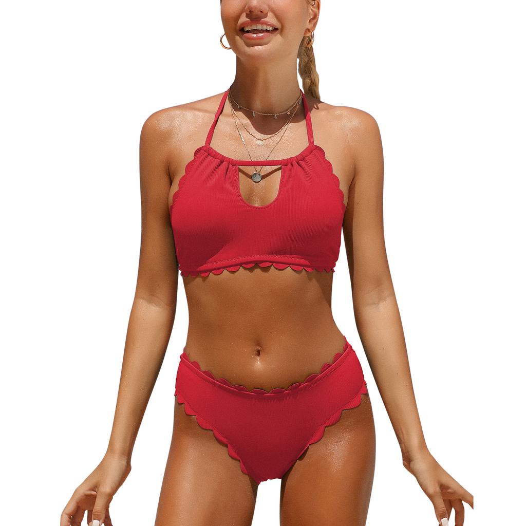 CHARMLEAKS Women's Two Piece Bikini Set Halter Neck Padded Wavy Edge Hollow Out Swimsuit Solid Swimmingwear