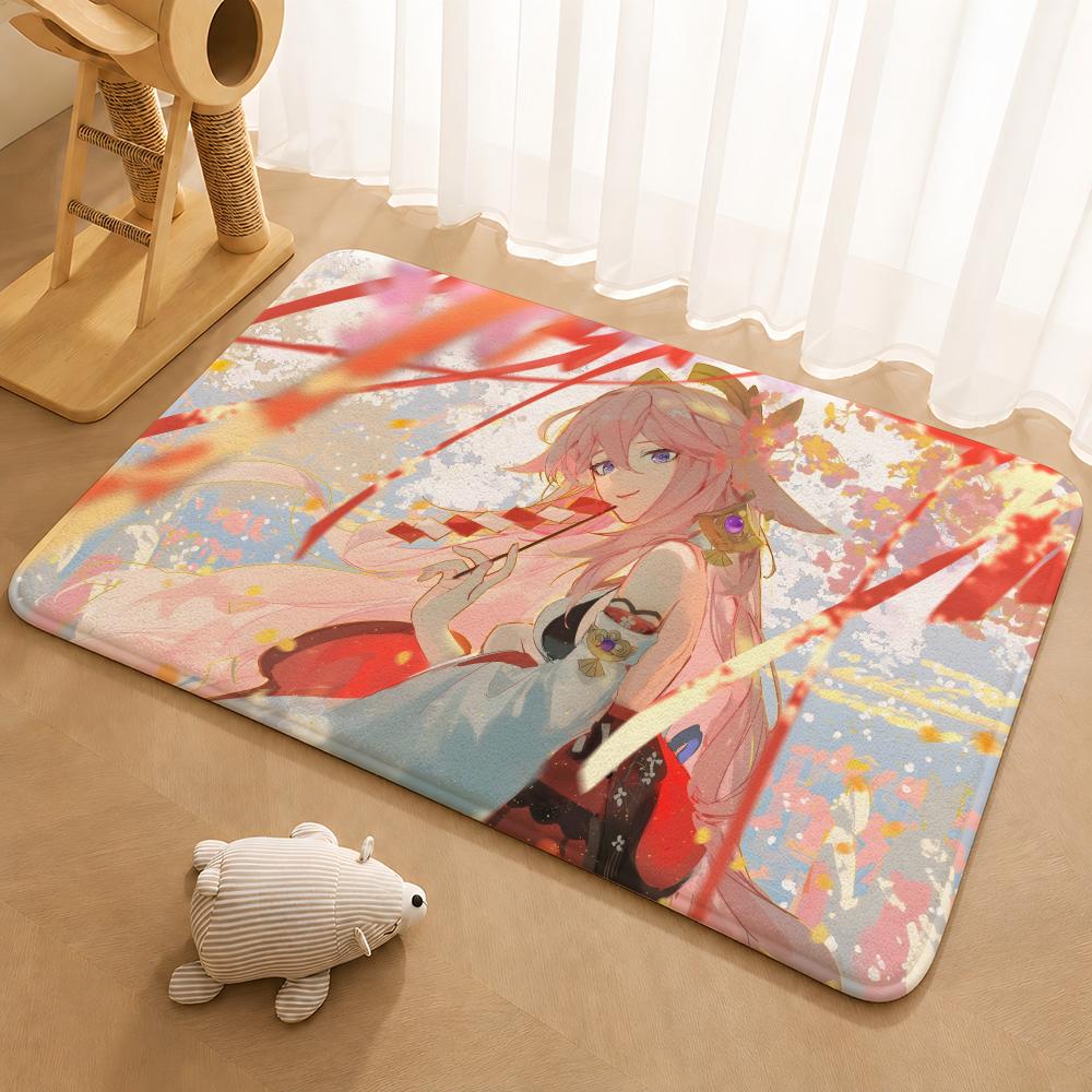 Genshin Impact Yae Miko Floor Mat Floor Mat Soft Flannel Non-Slip Door  Rug for Living Room