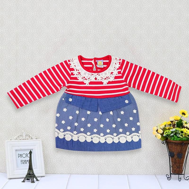 

Детское платье принцессы в полоску с кружевом и длинными рукавами для девочек на свадьбу, день рождения, детская плиссированная юбка, платья в ковбойском стиле с повседневным узором 86 красный