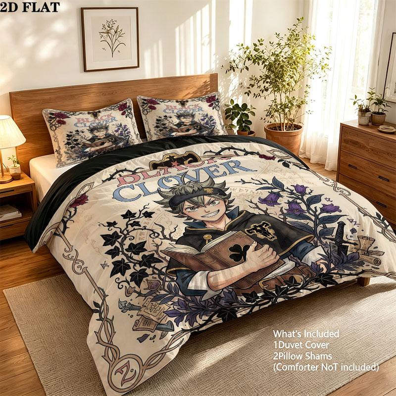 Black Clover Pattern Bedding Quilt Set Quilt Cover Pillowcase Home Birthday Gift(1 * duvet cover + 2 * pillowcase, without core)