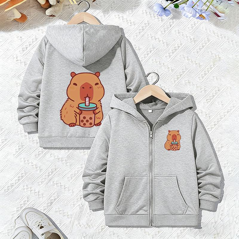 Sudadera con capucha y cremallera con estampado de letras de capibara para niños y niñas, Otoño Primavera, Sudaderas de dibujos animados de animales de moda con cremallera para niños
