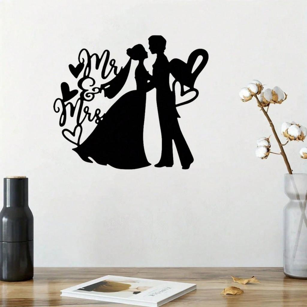 Metal Wall Art Valentine Bride & Groom Sign, Aesthetic Hanging Ornament, Wedding Metal Decor for Home Room