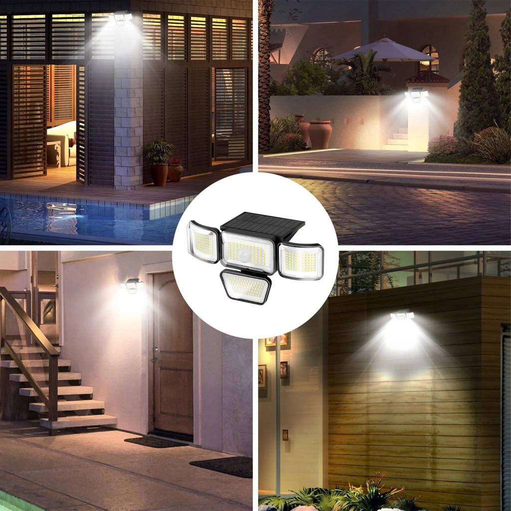 278 LED Solar Light Outdoor with 3 Modes Motion Sensor Wall Light 4 Head Solar Powered Floodlight for Yard Garden Pathway Decor