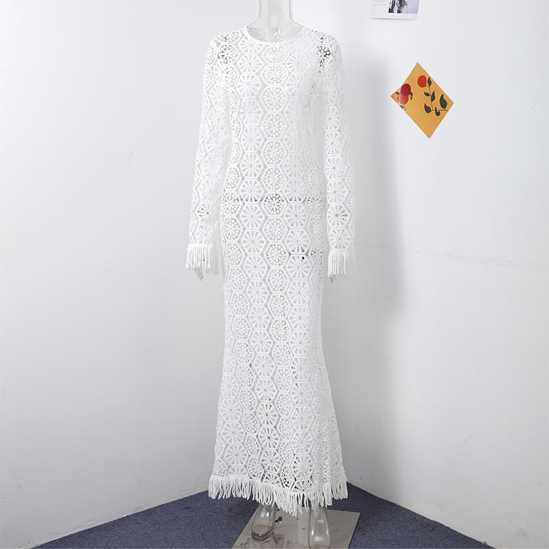Sexy Tassel Hallow Out Midi Dress Women Solid Long Sleeve O-neck Holiday Slim Dresses Female 2024 Summer Fashion Crochet Robe