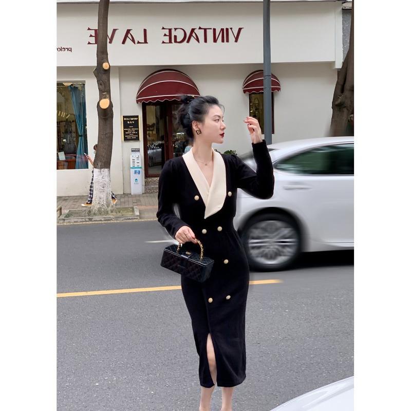 

Winter with coat knitted dress celebrity long bottom sweater skirt women s autumn and winter new XL чёрный