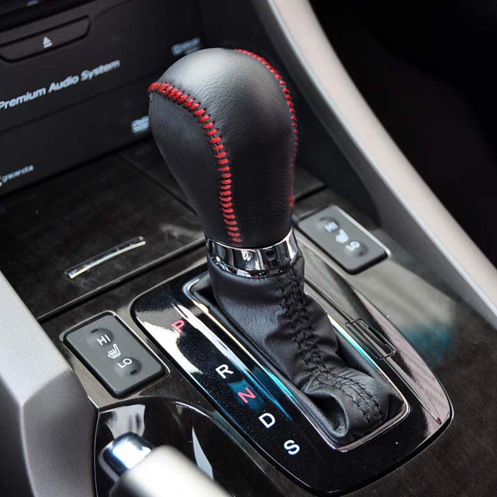 Gear Shift Knob Cover Black Leather + Red Stitch for Honda AT Car