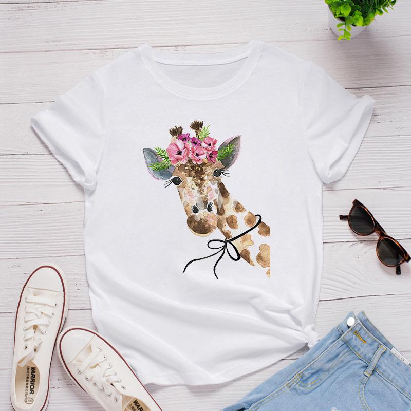 Women White Tshirt Tops Cute Cartoon Deer In The Flowers Love T Shirt Girl Fashion Harajuku T-Shirt Floral Pattern